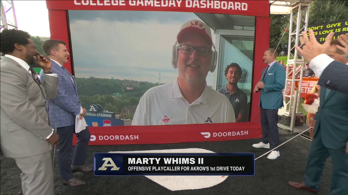 Imagine winning a contest to call plays for Akron and then you're getting coaching advice from Nick Saban 😳 The GameDay crew gets Marty Whims II ready for his coaching debut today 🏈