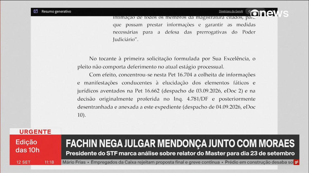 O presidente do Supremo Tribunal Federal (STF), ministro Edson Fachin, negou julgar a análise sobre o ministro André Mendonça junto com o pedido sobre Alexandre de Moraes. Fachin manteve a análise sobre Moraes para terça-feira (15), e o julgamento de Mendonça foi marcado pelo presidente da Corte para o dia 23 de setembro. ➡️ Assista ao #JornalGloboNews na TV e no Globoplay