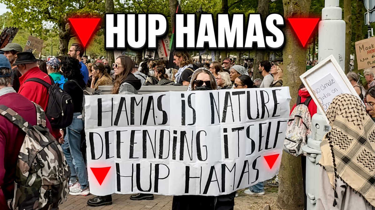 "Hamas is Nature Defending Itself 🔻HUP HAMAS🔻" De Klimaatmars in Amsterdam vliegt volledig uit de bocht. Dit spandoek loopt vanmiddag gewoon mee in de stoet midden tussen de bordjes van PRO en Greenpeace. #Klimaatmars #Amsterdam