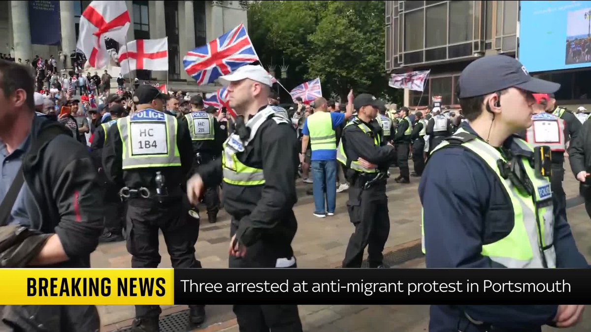 BREAKING: Three arrested at anti-migrant protest in Portsmouth. Sky News correspondent Dan Whitehead was at the scene and reports on the demonstration attended by thousands. 📺 Sky 501, Virgin 602, Freeview 233 and YouTube
