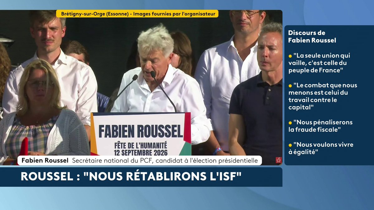 🔴🗣️ "Nous rétablirons l'ISF", clame Fabien Roussel (PCF) depuis la Fête de l'Humanité. Le candidat à l'élection présidentielle détaille ses propositions en matière de fiscalité. #canal16