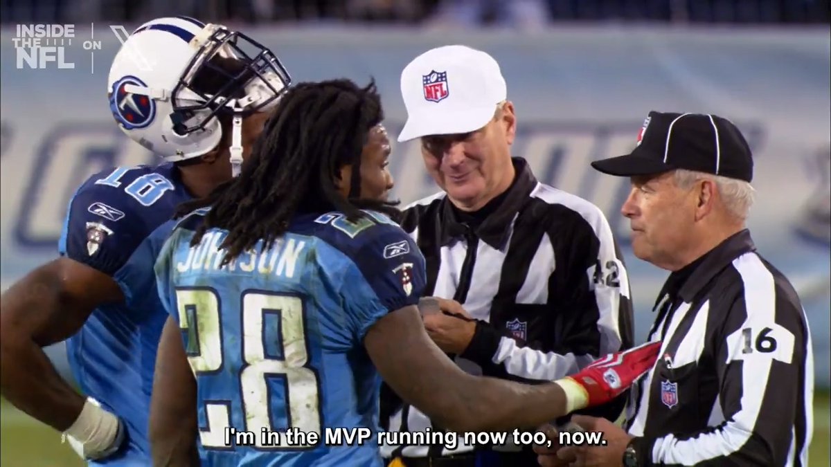 What if I was Peyton Manning? I'm in the MVP race too!" This Chris Johnson mic'd up moment is iconic 💙Tennessee Titans
