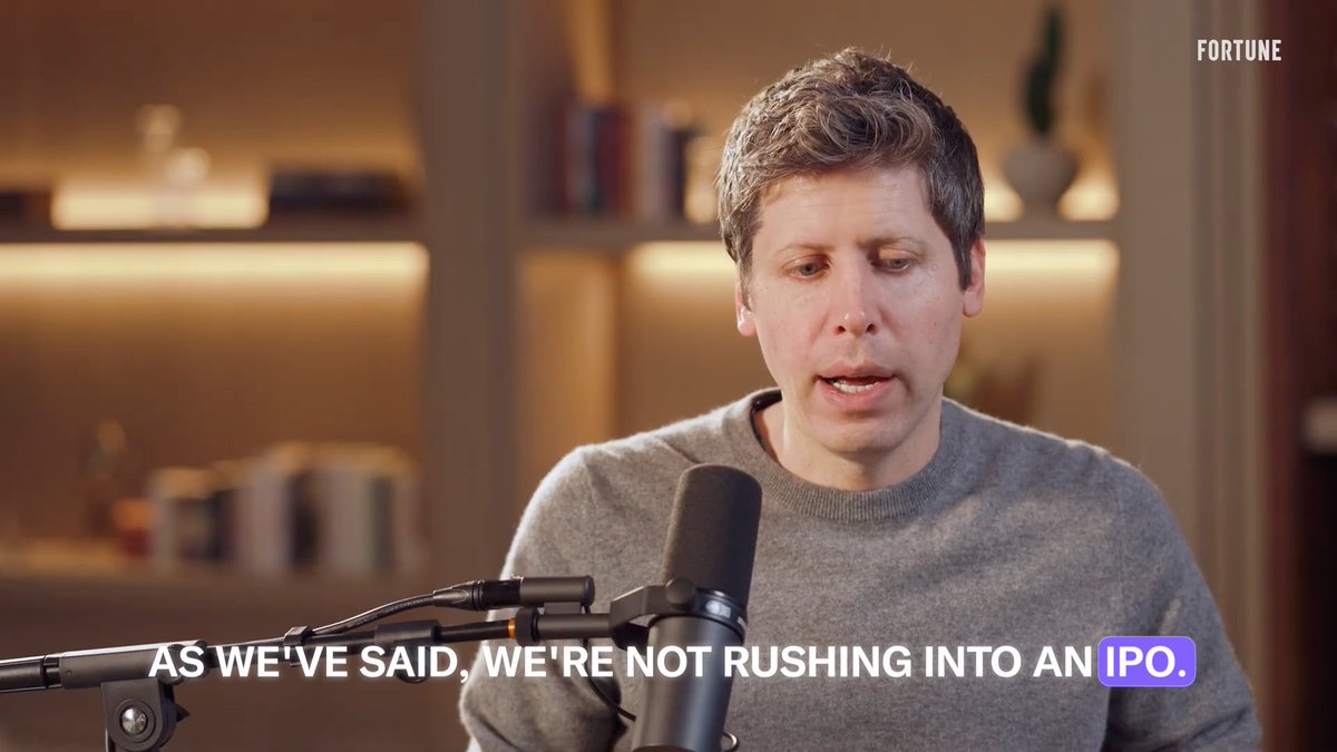 Sam Altman: “We’re not rushing into an IPO.” He says OpenAI could remain highly profitable even if development slows, with Astra alone driving major revenue growth. OpenAI’s pre-IPO market on Liquid currently values the company at ~$1.6T.