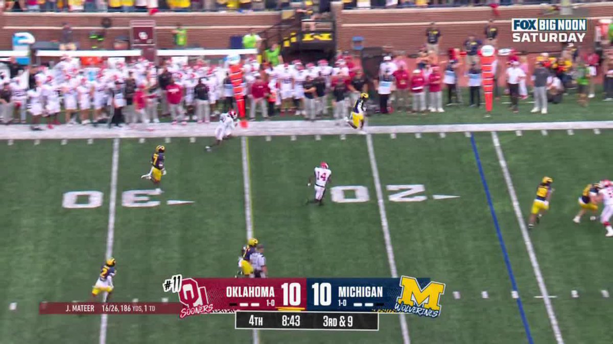PICKED OFF! 🙌 Jyaire Hill gets the INT on 3rd down to give Michigan Football the ball deep in Oklahoma territory. Watch on FOX