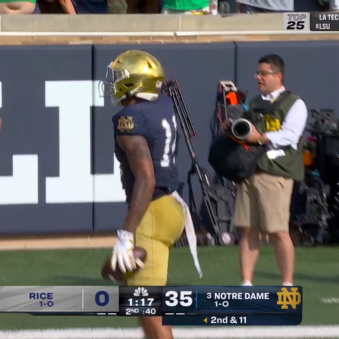 CJ Carr LAUNCHES it to Micah Gilbert in the end zone! 👏 📺 Notre Dame Football on NBC &amp; Peacock