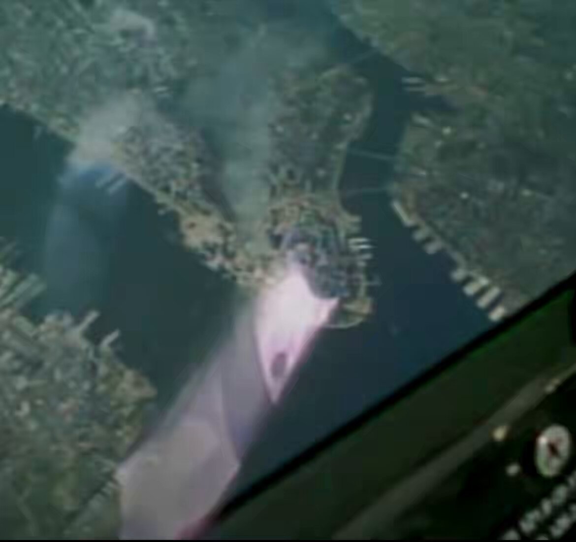 A U.S. Air Force F-16 pilot shares his view today of the column of smoke from Ground Zero. The skies are quiet and devoid of civil aviation. The weather is exceptional. But yesterday’s events loom over everything. (Credit to Georges Delerue for showing me this)