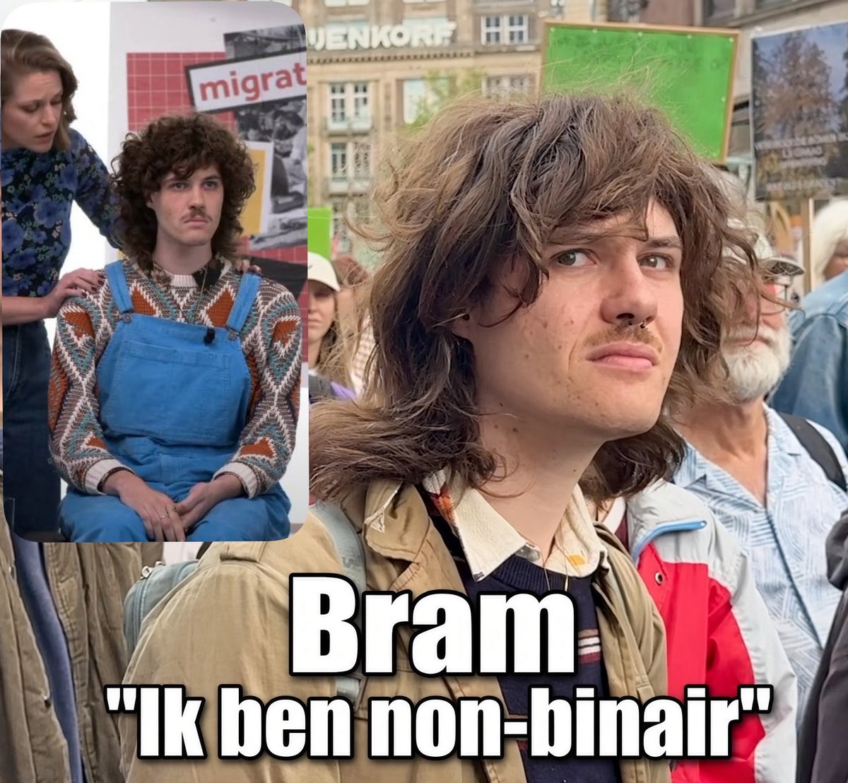 Oog in oog met ééndags-BN'er Bram ("Ik ben non-binair") tijdens de Klimaatmars in Amsterdam. Bekende mensen lopen dus ook mee voor het klimaat. 📸 #Klimaatmars #Amsterdam