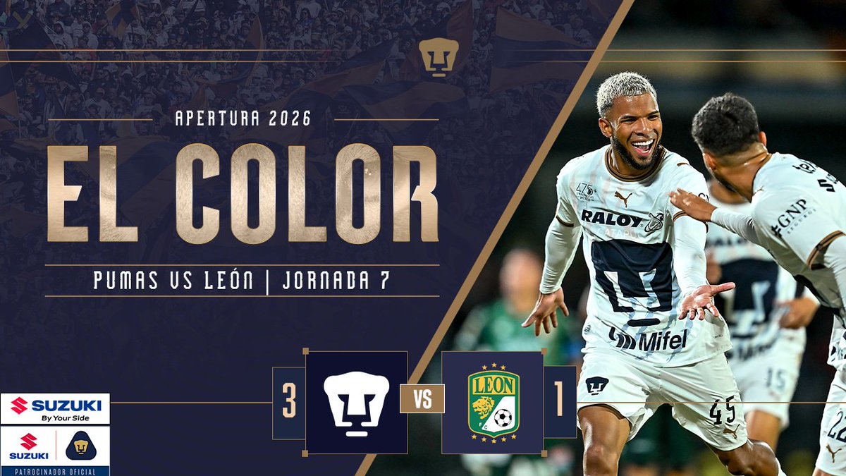 Un partido en casa complicado, pero supimos sufrir y plasmar todo el trabajo de la semana, para obtener los 3 puntos. 👨🎨🎨 Este es el color SUZUKI México 🚘 del partido ante León de la Jornada 7 #SiemprePumas