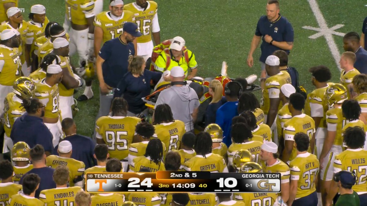 Georgia Tech teammates Jaylen Mbakwe and Jordan Walker had to get carted off the field after Mbakwe's helmet collided with Walker's knee.