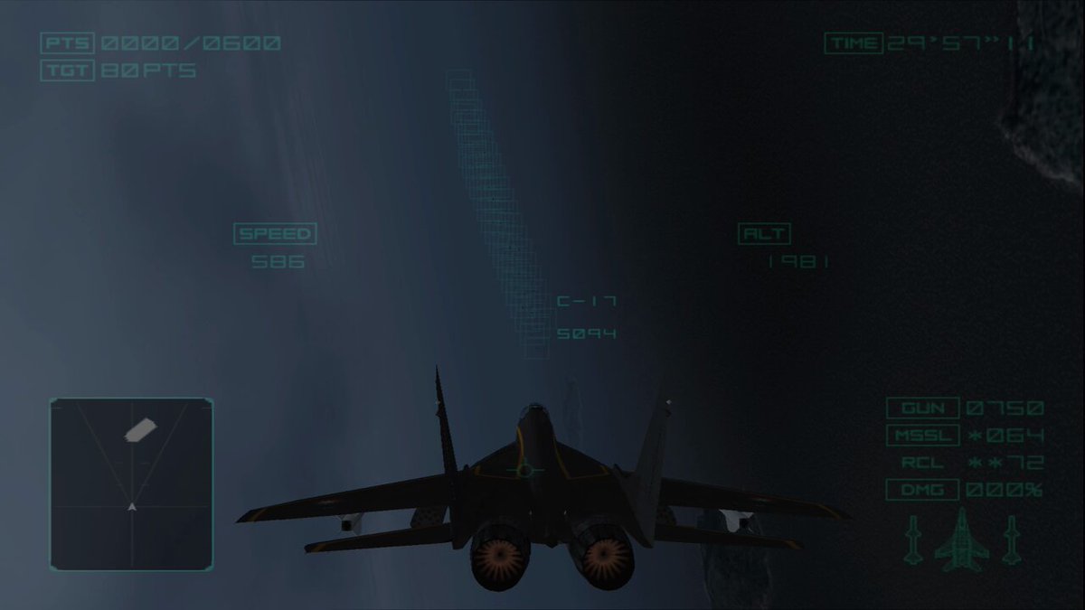 An unused test level left in the game. It contains three neatly arranged horizontal rows of low-poly versions of the playable aircraft in their ISAF, Erusean and special colors. It also includes some liveries that didn't make the final cut. It can be accessed via my AC04 table.