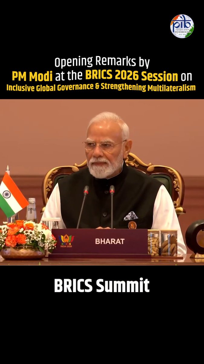🌍 Inclusive Global Governance and Strengthening Multilateralism✨ At the 18th BRICS Summit, Prime Minister Narendra Modi proposed developing a ‘BRICS Reform Roadmap’ for global governance reform based on Representation, Responsiveness and Rule-making. 🎥 Watch key highlights from Prime Minister’s Opening Remarks #BRICS2026 #BRICSIndia2026 #IndiaBRICSChairship