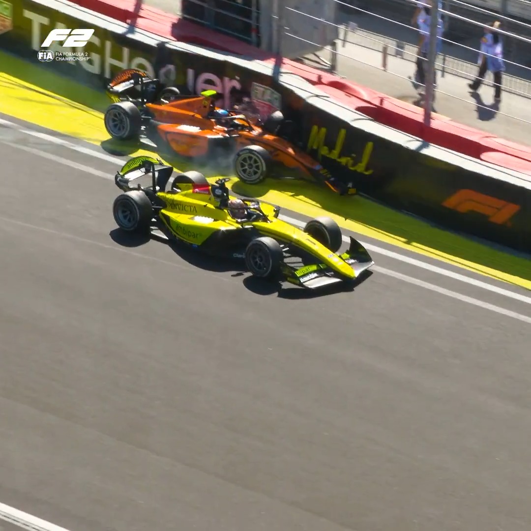 The incident that sent Ollie Goethe crashing out of the Madrid Feature Race 🫣❌ Rafael Camara received a 10-second time penalty for causing a collision ⚠️ #F2 #SpanishGP