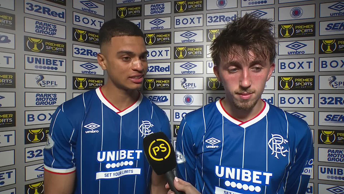 Dan Neil and Kevin Kelsy react after scoring in Rangers Football Club's dominant 3-0 win against Celtic 🔵 "The gaffer is very good at team talks before the game and he made sure we were ready to run through a brick wall" 🗣️ #PremierSportsCup