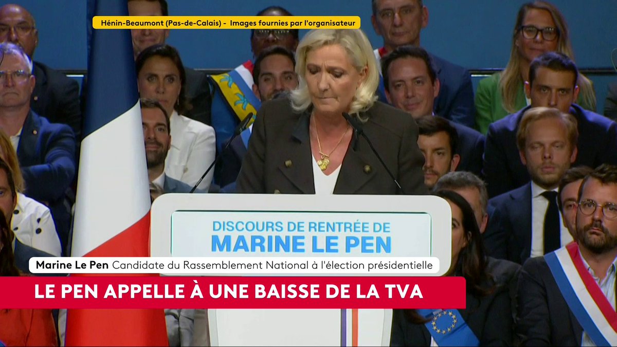 🔴 La candidate du RN entame son discours en évoquant la question du pouvoir d'achat. "Il est injuste que l'Etat vienne tout vous prendre, vous empêche de profiter de la vie", affirme la candidate du RN à la présidentielle, qui appelle à une baisse de la TVA. #canal16