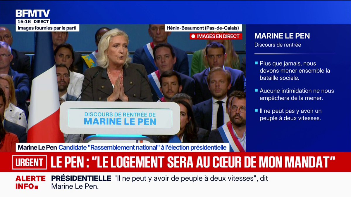 Le logement sera "un des grands chantiers du quinquennat", promet Marine Le Pen, candidate "Rassemblement national" à la présidentielle