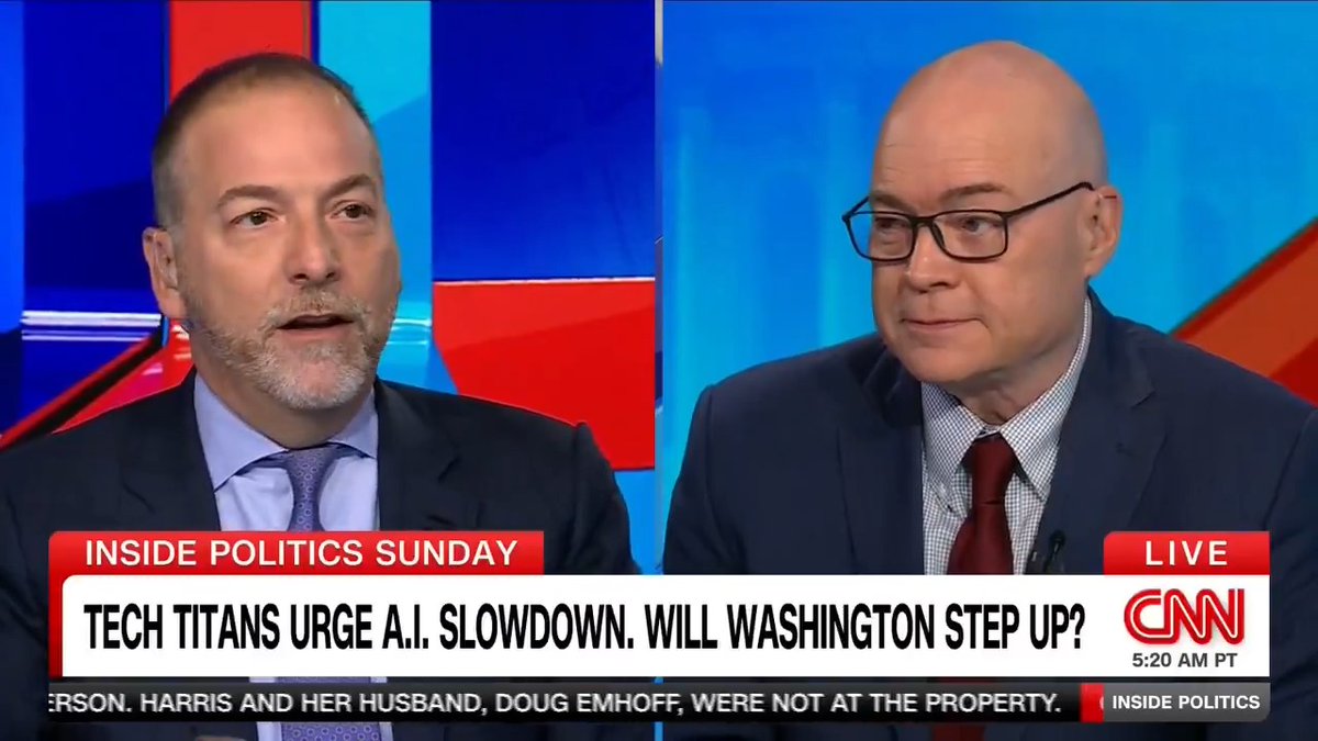 "The country is on fire about this. Washington has been bought off." Chuck Todd and John Bresnahan discuss the likelihood of congressional action on AI as tech titans call for a slowdown. Manu Raju #InsidePolitics