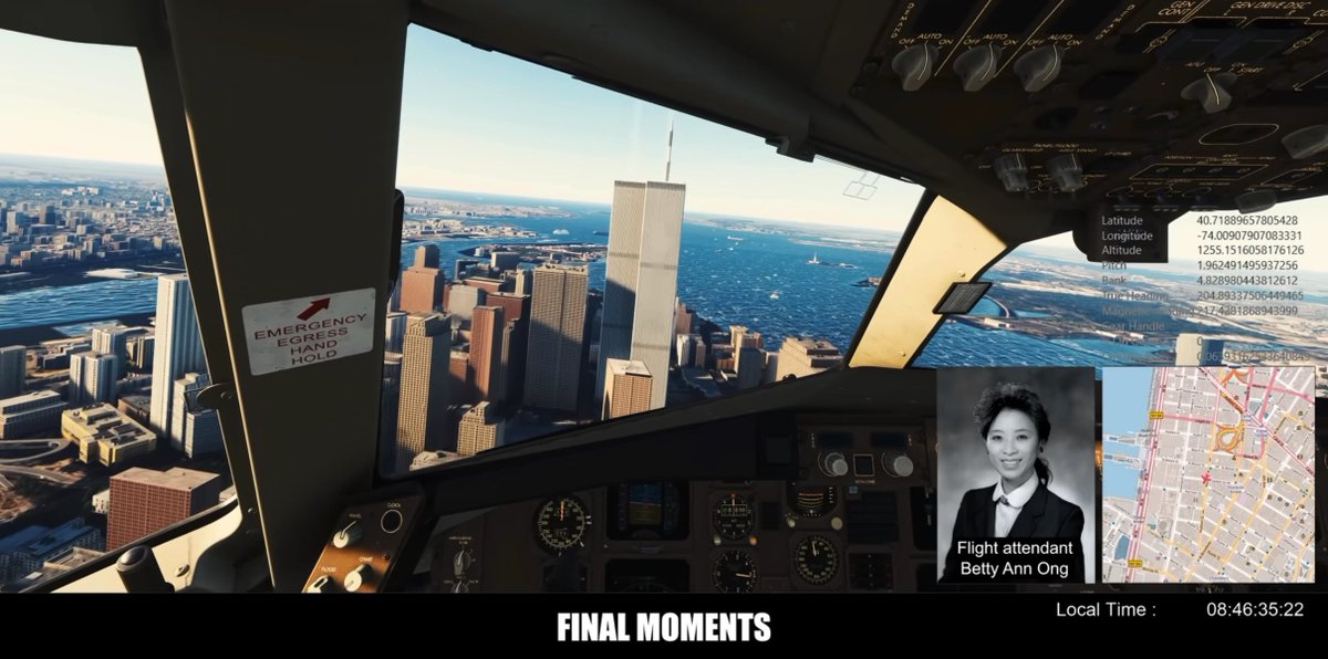 This may be one of the eeriest - and frankly, most terrifying - 9/11 reconstructions I’ve seen. The simulation recreates the final moments of American Airlines Flight 11 from the cockpit, essentially showing what hijacker Mohamed Atta would have seen as the North Tower rapidly filled the windshield. But the audio you’re hearing is real. Flight attendant Betty Ong, aboard Flight 11, was calmly reporting what was happening inside the hijacked aircraft - crew members stabbed, mace in the cabin, the cockpit inaccessible, and the realization: “I think we’re getting hijacked.” American Airlines operations specialist Nydia Gonzalez was monitoring Ong’s call and relaying her reports to the airline’s operations center as Flight 11 raced toward New York. At 8:46 a.m., the aircraft struck the North Tower. Watching a reconstruction of what the hijacker would have seen while simultaneously hearing the actual voices of the people trapped aboard that aircraft is deeply unsettling.