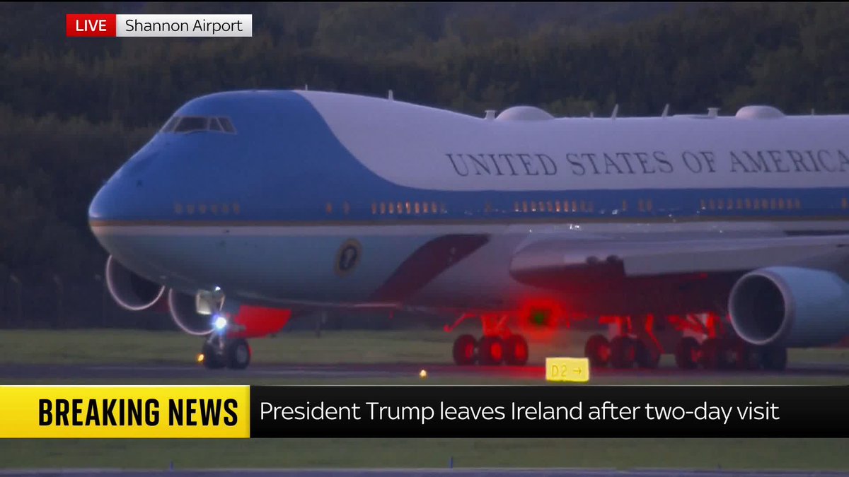 BREAKING: Air Force One has taken off from Shannon Airport, marking the end of Donald Trump's visit to Ireland. The US president sparked controversy during his trip by saying he would "love to see" a unified Ireland. Read more: 📺 Sky 501 and Virgin 602