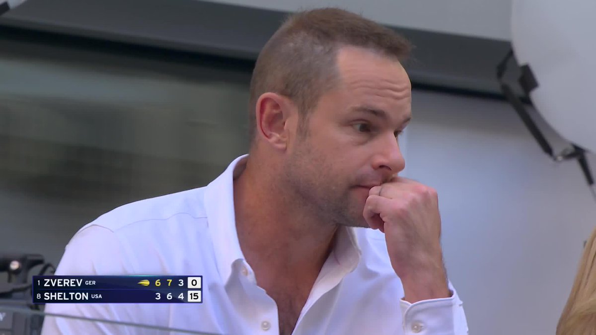 An interested onlooker 👀 Andy Roddick, the last American man to win a Grand Slam singles title, watches on as Ben Shelton tries to succeed him.
