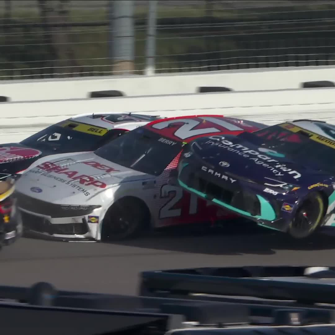 A chain reaction exiting Turn 2 sends multiple Chase drivers spinning.