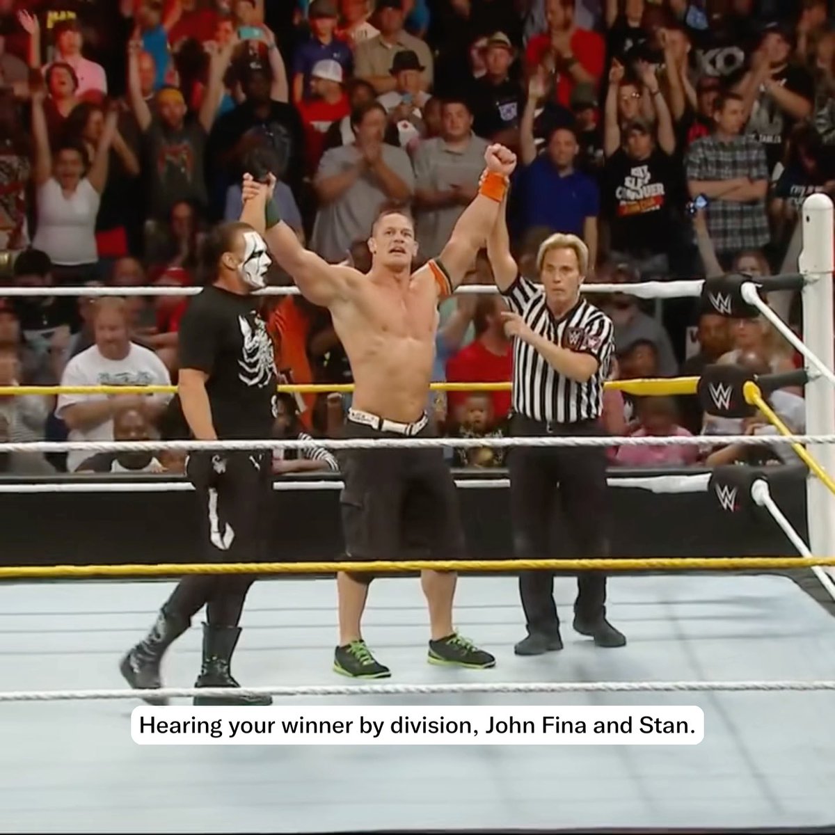 This ending sequence from the duo of John Cena and Sting was perfect. AA TO BIG SHOW. STING MAKING SETH ROLLINS TAP OUT. The most random tag team of all time 😭 (2014)