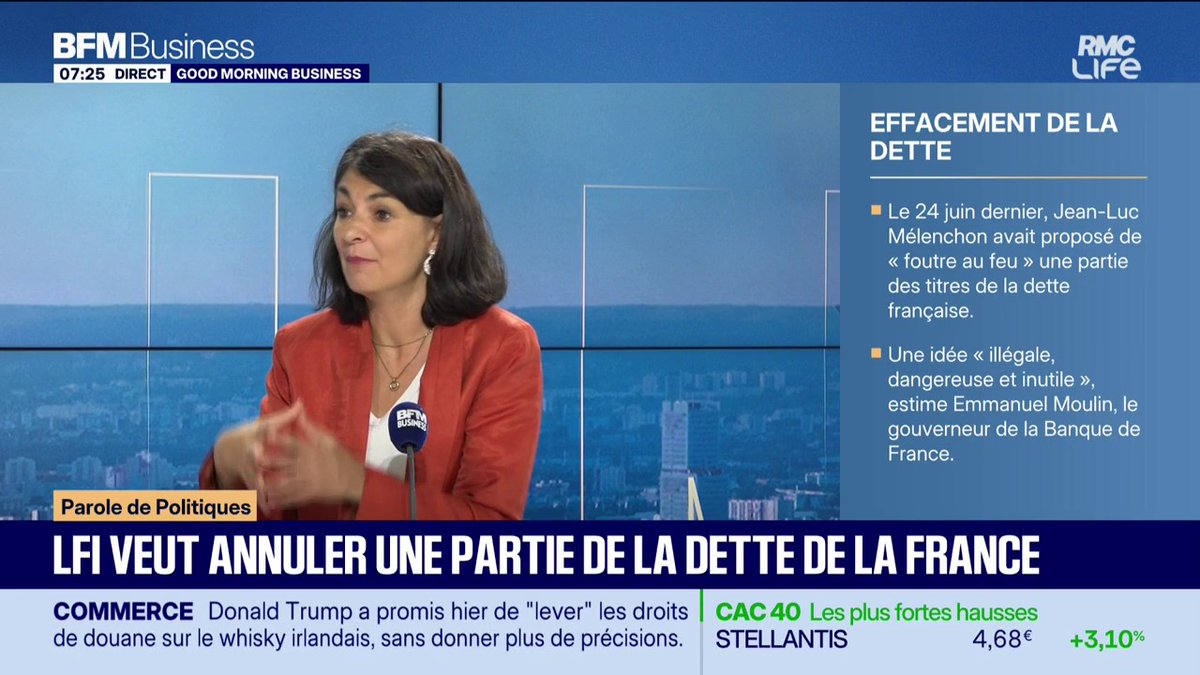 Comment LFI veut annuler la dette ? 💸 Sur BFM Business, Aurélie Trouvé a détaillé la stratégie de son parti face à la dette publique, tout en fustigeant le bilan d'Emmanuel Macron, marqué par 1 000 milliards d'euros de dette supplémentaire.