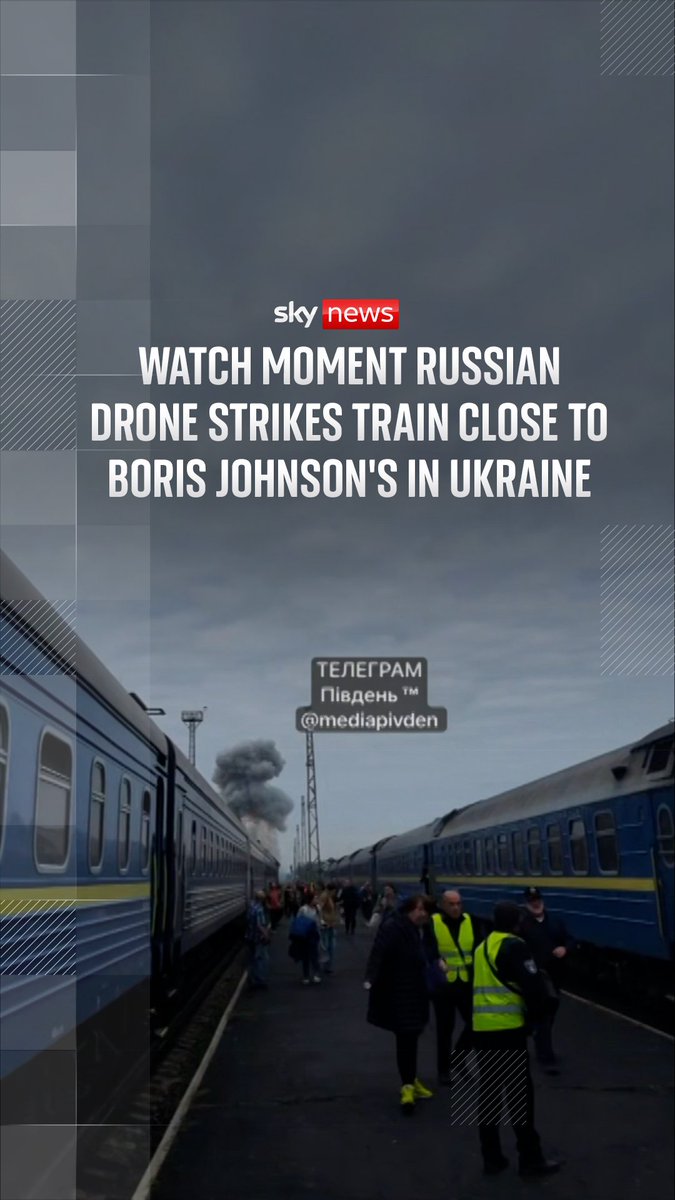 This is the moment a Russian drone strikes a train travelling behind Boris Johnson's train in Ukraine. The former prime minister was heading from Kyiv to Poland at night when drone strikes hit the border region, Ukrainian Railways said. 🔗