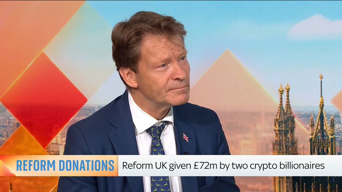 Sophy Ridge: "Are you the new establishment?" Deputy leader of Reform UK, Richard Tice, has defended the £72m in donations given to his party by crypto billionaires, claiming it will create a 'level playing field' with other political parties. 📺