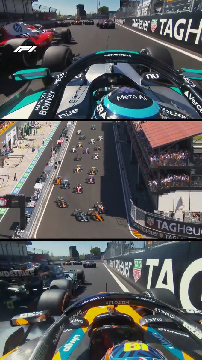 Russell and Piastri collide... TWICE! 🤯 The McLaren driver sustained front wing damage from this incident at the start in Madrid 💥 #F1 #SpanishGP