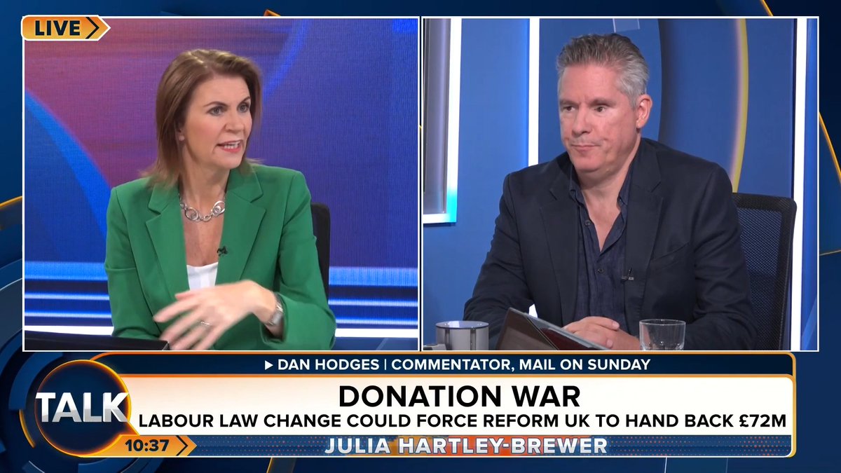 🚨(((Dan Hodges))): "There is a difference between Unions who get their money from working people..." Julia Hartley-Brewer: "Crypto billionaires are working people!" Mail On Sunday's Dan Hodges argues there is a difference between donations from Unions and donations from crypto billionaires.