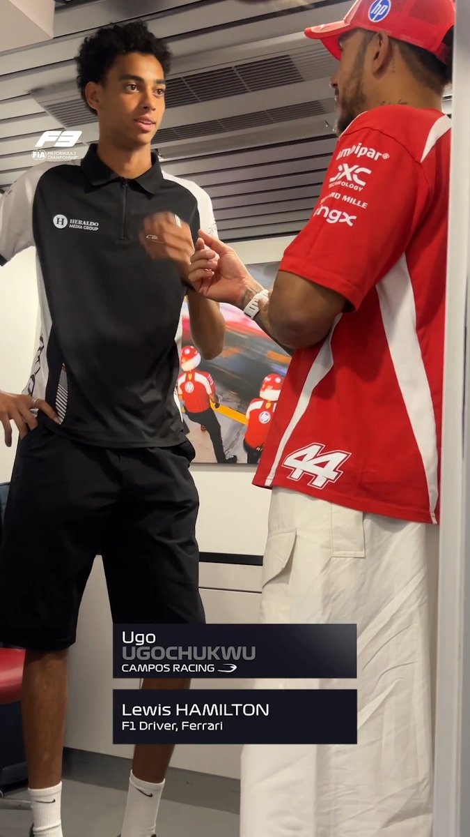 Ugochukwu 🤝 Hamilton The 2026 Formula 3 Champion, Ugo Ugochukwu, meets seven-time Formula 1 World Champion, Lewis Hamilton 🏆 #F3 #SpanishGP