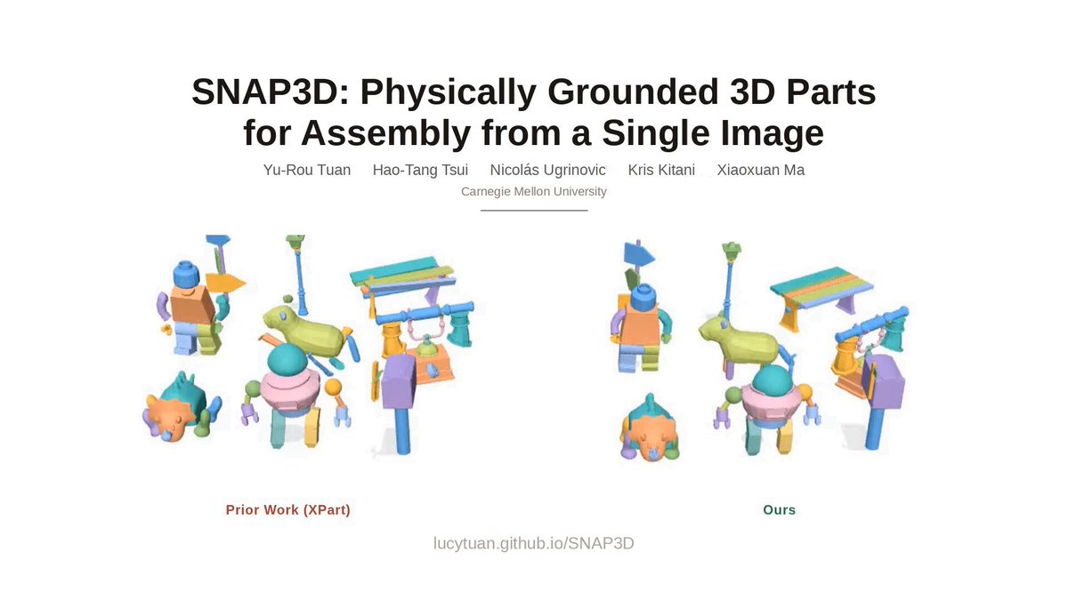 If you own a 3D printer, you need this tool on your radar right now. SNAP3D turns a single 2D image into fully assemblable, multi-part 3D prints with built-in peg-and-socket joints! No glue. No screws. Just print, snap, and build. it cuts the model into semantic parts, optimizes the connectors, and runs physics tests to guarantee stability. Feed it a photo, get real-world snap-fit parts ready for your print bed