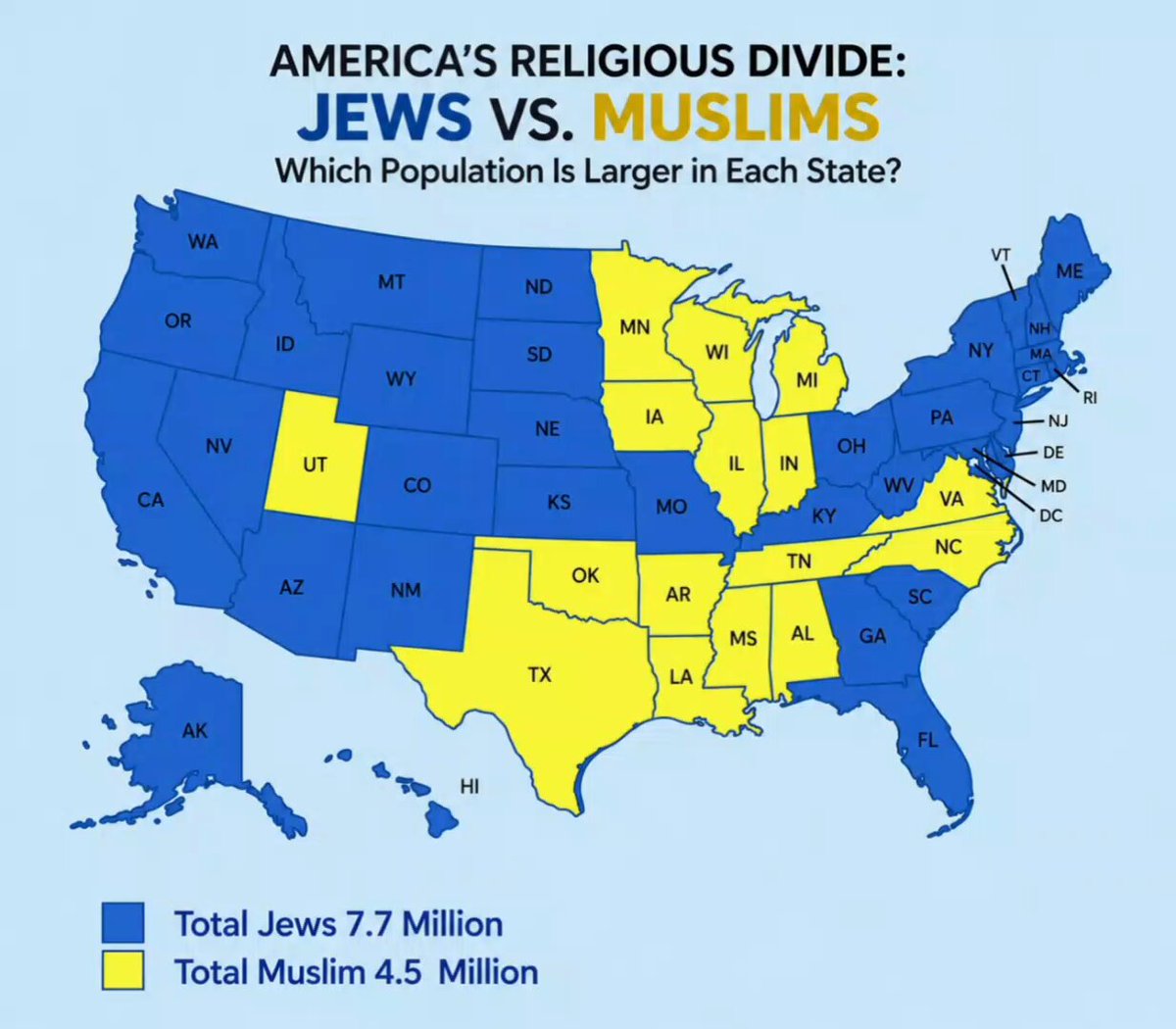 Which Population Is Larger in Each State? 🔵 Jews 🟡 Muslim Source: American Jewish Year Book 2024,(Pew Research Center, other Web sources