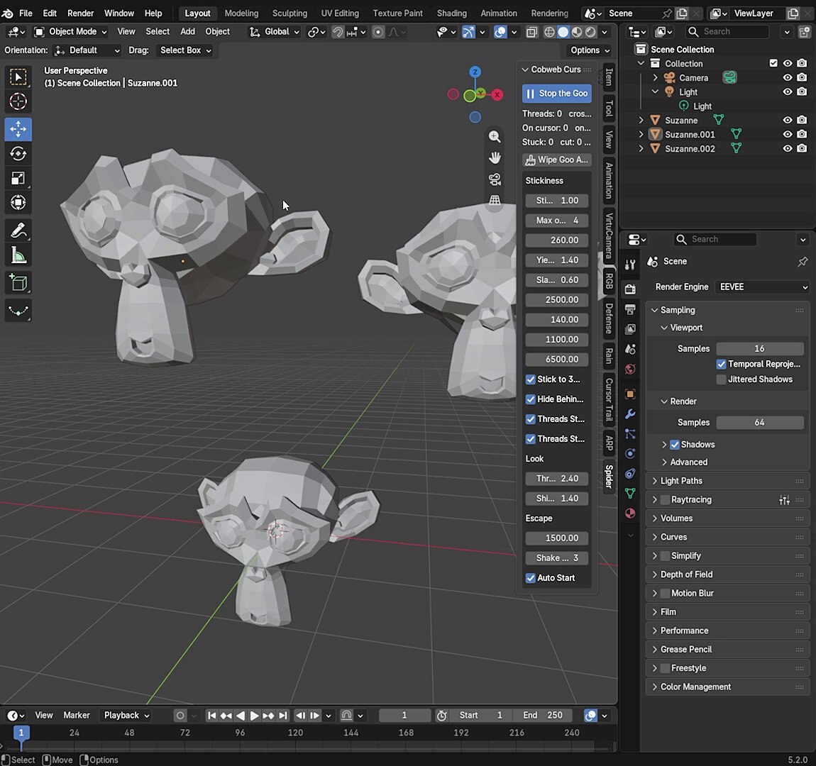 Blenderで開発中のマウスカーソルが触れると納豆みたいな糸が出てネバつくアドオン UIも3Dビューポートも連動して糸が絡む マウスを高速で動かすと糸が切れる あのイライラをblenderで体験できる
