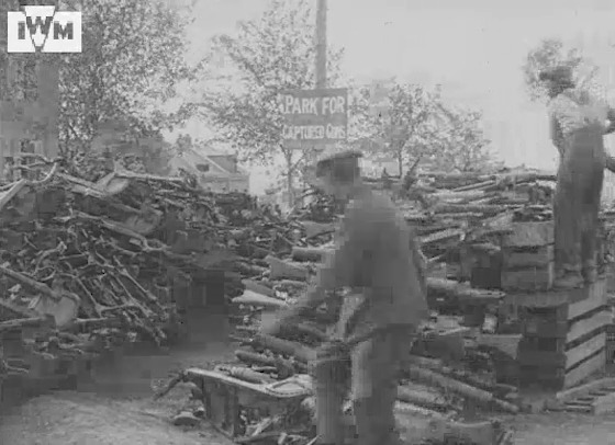 'Park for captured guns' British and Australian troops pile up captured German guns, from heavy calibres to machine guns, in Flanders during the Allied advance to victory, September 1918. Find the full footage here: Film: IWM 508-80