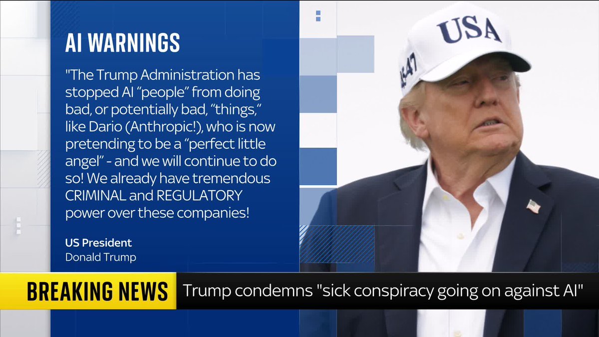 BREAKING: US President Donald Trump has dismissed suggestions that AI is in need of more regulation, saying calls for a development slowdown are part of a "sick conspiracy". Our US correspondent James Matthews reports. Latest: 📺 Sky 501 and YouTube