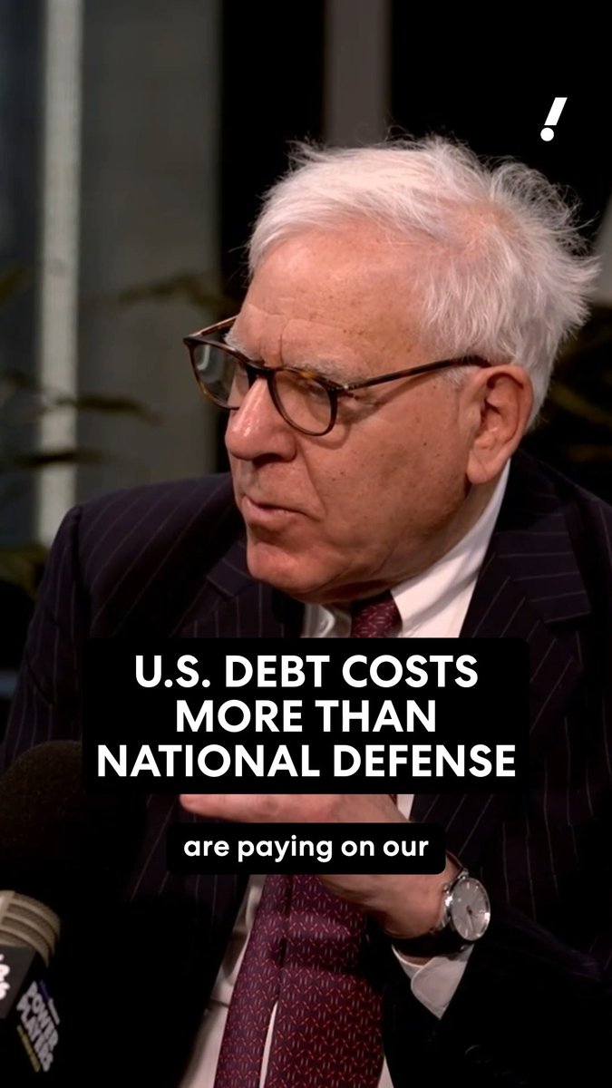 .David M. Rubenstein says the US is paying over a trillion dollars in interest. 😟 "Whenever a country paid more interest on its debt than it did for its national security, that's a sign of weakness in the country," Rubenstein says. "Right now we've crossed that threshold," the Carlyle Group co-founder tells Brian Sozzi. Watch the full interview of Power Players now on YouTube: