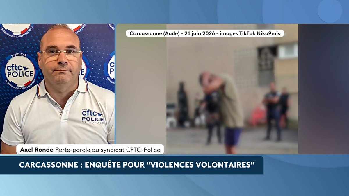 🔴 🗣️ Carcassonne : une nouvelle vidéo entâche la police. "Nous sommes dans une société hyperviolente. Malheureusement, nous sommes obligés de nous adapter aussi à cette violence", regrette Axel RONDE CFTC Police, porte parole CFTC Police. #AvantLe20h #canal16