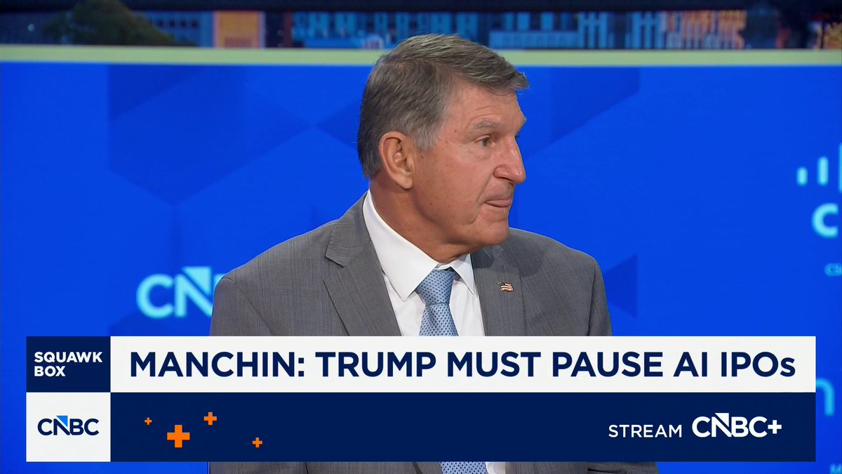 "The President of the United States has the power to save humanity," says Former Senator Senator Joe Manchin as he calls on President Trump to use his executive powers to pause new AI IPOs while Congress addresses safeguards.