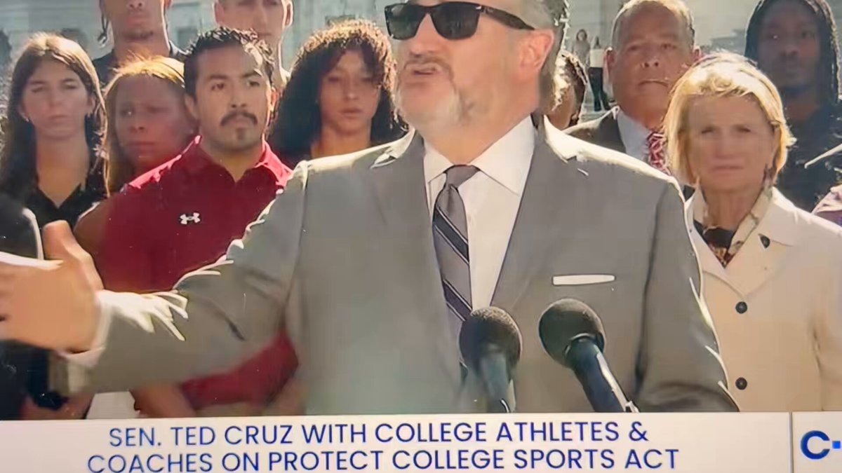 Ted Cruz says about the PCSA: “Cracks down on fake NIL. It cracks down on a booster in a back alley with a bag of cash” Says they will be voting in next ten days. Says they are on 1 yard line, with 4 downs to use. Somebody is still riding the Texas win…