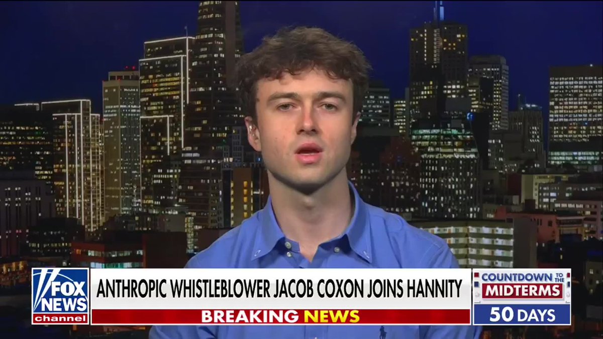 "I fear the rate of progress with this technology." Former Anthropic researcher turned AI whistleblower Jacob Coxon joins Sean Hannity 🇺🇸 after leaving the company, sounding the alarm over the rapid advancement of artificial intelligence and the potential risks ahead. "AI is the only technology that can use itself."