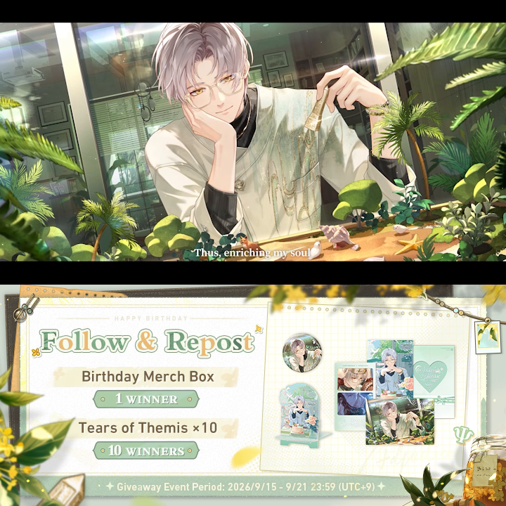 Vyn's Birthday SSR ✦His Day in Blooming Gold✦ ✅Follow & Repost 🎁Vyn's Birthday Merchandise (1 winner) 🎁Tears of Themis ×10 (10 winners) Entry Deadline: 9/21 23:59 (UTC+9) ✦ Japanese dubbed version #TearsOfThemis