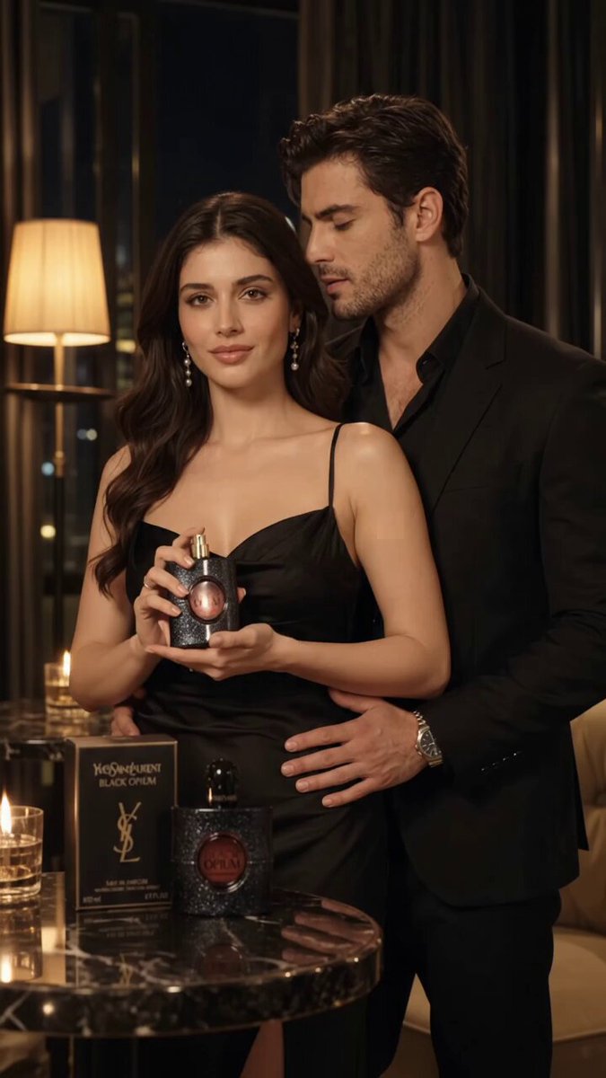 scent that speaks before you do. 🖤✨ Elegance. Mystery. Desire. — Black Opium. 🥀🖤 Prompt Create a cinematic luxury perfume advertisement using the reference image. The woman slowly raises the perfume bottle and gently sprays a fine mist onto her neck. She closes her eyes naturally and tilts her head slightly back. The man standing behind her leans closer toward her neck in a romantic, elegant way while gently holding her waist. Add subtle hair movement, realistic breathing and natural body motion. The perfume mist should be clearly visible in slow motion and catch the warm golden light. Keep the perfume bottle, box, faces, clothing and composition consistent with the reference image. Slow cinematic camera push-in, shallow depth of field, luxury evening atmosphere, soft bokeh, realistic skin texture, premium fragrance commercial, photorealistic, smooth motion, no distortion, no extra fingers, no face changes. 10 seconds, vertical 9:16.