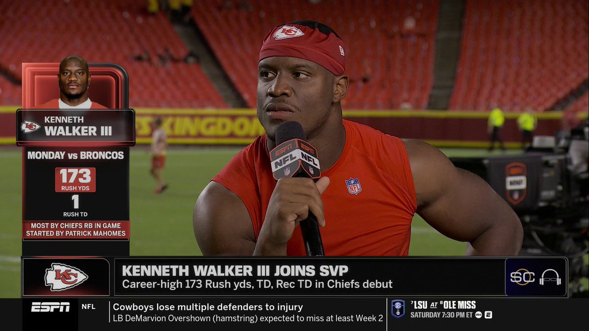 "Monday Night Football, out here with all these fans, it's a blessing." Kenneth Walker III joins Scott Van Pelt following his dominant debut in the Chiefs' win over the Broncos 😤🔥