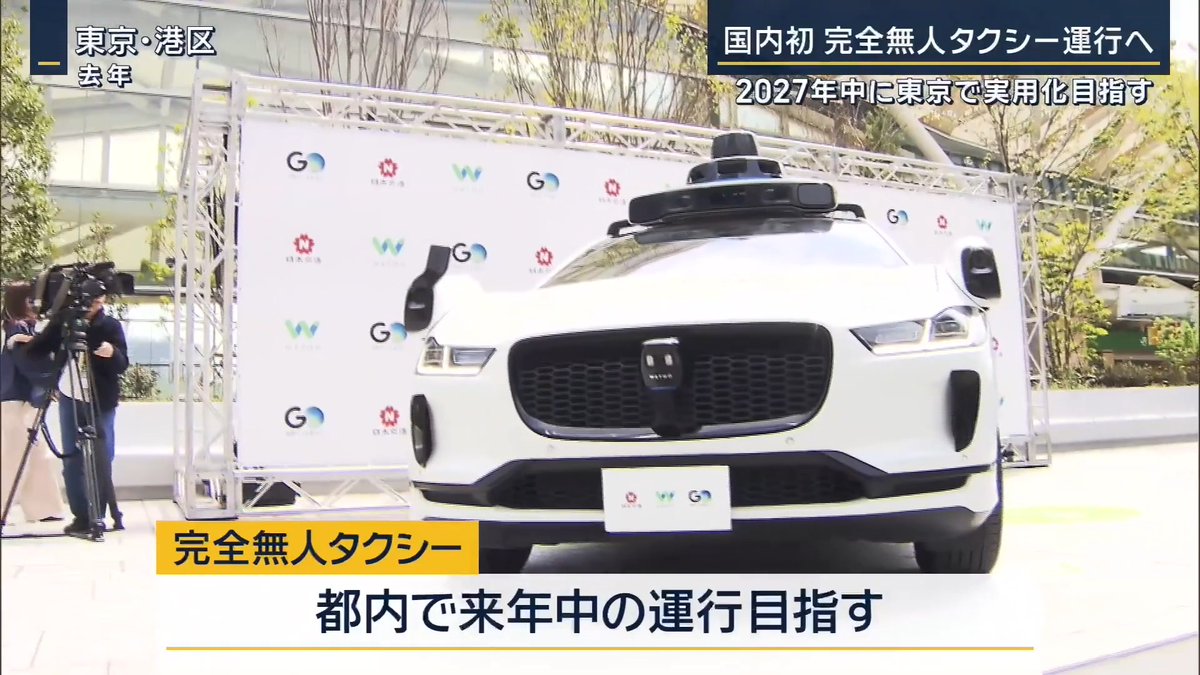 【国内初“完全無人タクシー”運行へ】2027年中に100台規模 | タクシー配車アプリ『GO』、『日本交通』、『Waymo』が国内初となる完全無人タクシーの運行を発表 場所は東京都内に限定 開始時期は2027年中を目指すとしている 全国ハイヤー・タクシー連合会 川鍋一朗会長 「無人の自動運転タクシーが普通のタクシーとして、誰でも乗れる世界が日本にもやってきます」 アメリカの企業『Waymo』が自動運転の技術を提供 『ウェイモ』は現在、ロサンゼルスやマイアミなどアメリカの15都市で無人タクシーを運行 ▼無人タクシーの安全性は? アメリカで運用されている『Waymo』の無人タクシーの事故発生率は、人間のドライバーに比べ68%低いことが研究者らの調査で明らかに(『米国道路安全保険協会』調べ) ▼日本では改正道路交通法で公道での無人自動運転が解禁 特定の条件下で運転を自動化するバスなどの運行を開始 →決められたルートでの利用が中心 日本交通など3社は、2025年から東京都内7区の公道で試験走行を実施 道路のデータを収集するなど、日本の環境に合わせた自動運転技術の開発を進める 安全を最優先に、東京で段階的に100台規模の運行を目指すという 全国ハイヤー・タクシー連合会 川鍋一朗会長 「労働者不足が改善されます」 「そして我々タクシー事業者が常に頭を悩ませてきた“交通空白”。全国で『移動できない』というものにいよいよ真打ち登場。これが答え」 正式な開始時期は必要な許認可を取得したうえで決定するという