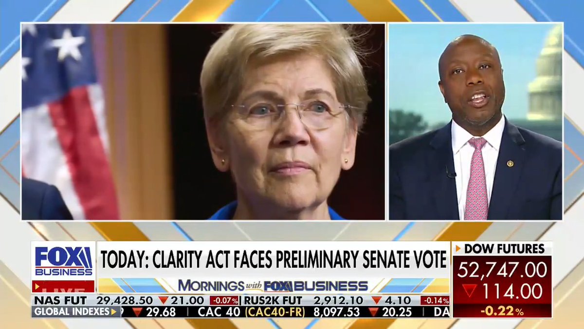Chairman Senator Tim Scott to Taylor Riggs, CFA: “Rules of the road matter today.” Senate Banking Committee Chairman Tim Scott told FOX Business how the Clarity Act will protect Americans’ hard-earned money, keep innovation in the United States, and strengthen our national security.
