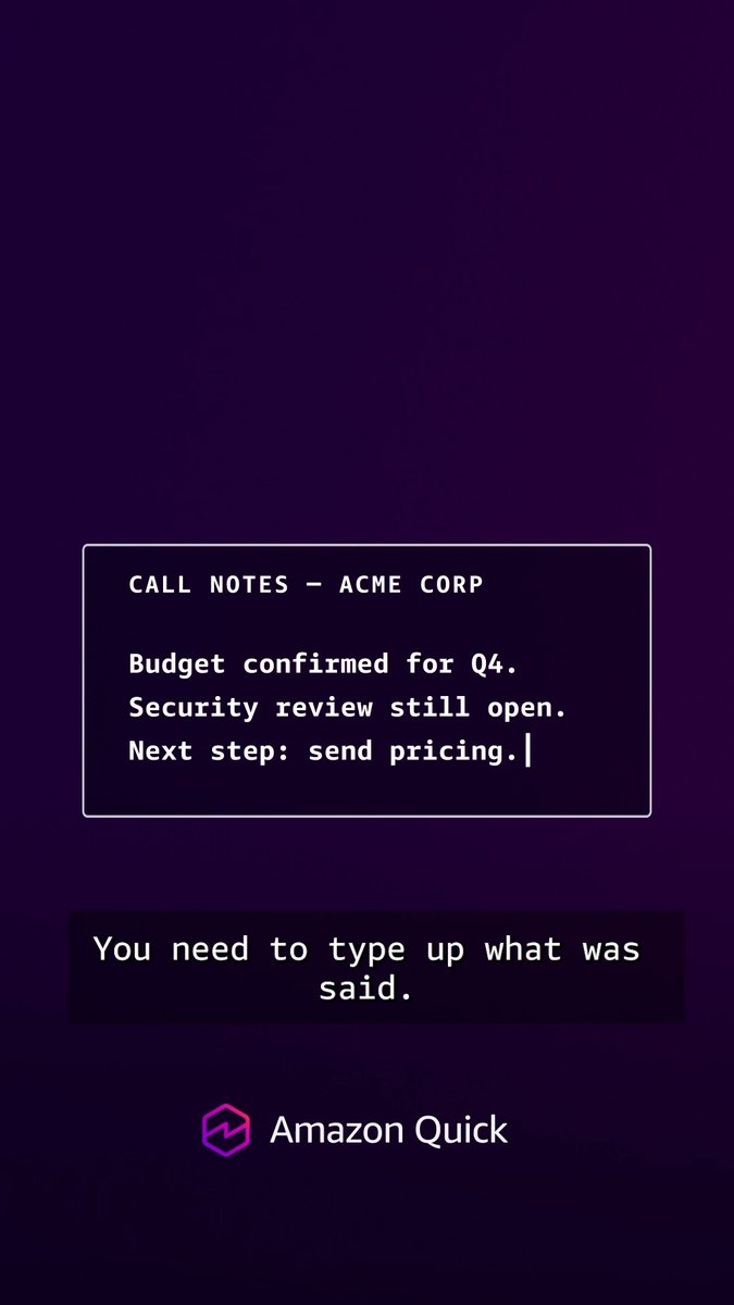 No seller wants to spend 15 minutes on CRM updates after every discovery call. With Amazon Quick, you don’t have to. Your AI assistant for work summarizes the call and pushes notes to Salesforce in seconds. Stop plugging in data, and get back to closing deals.