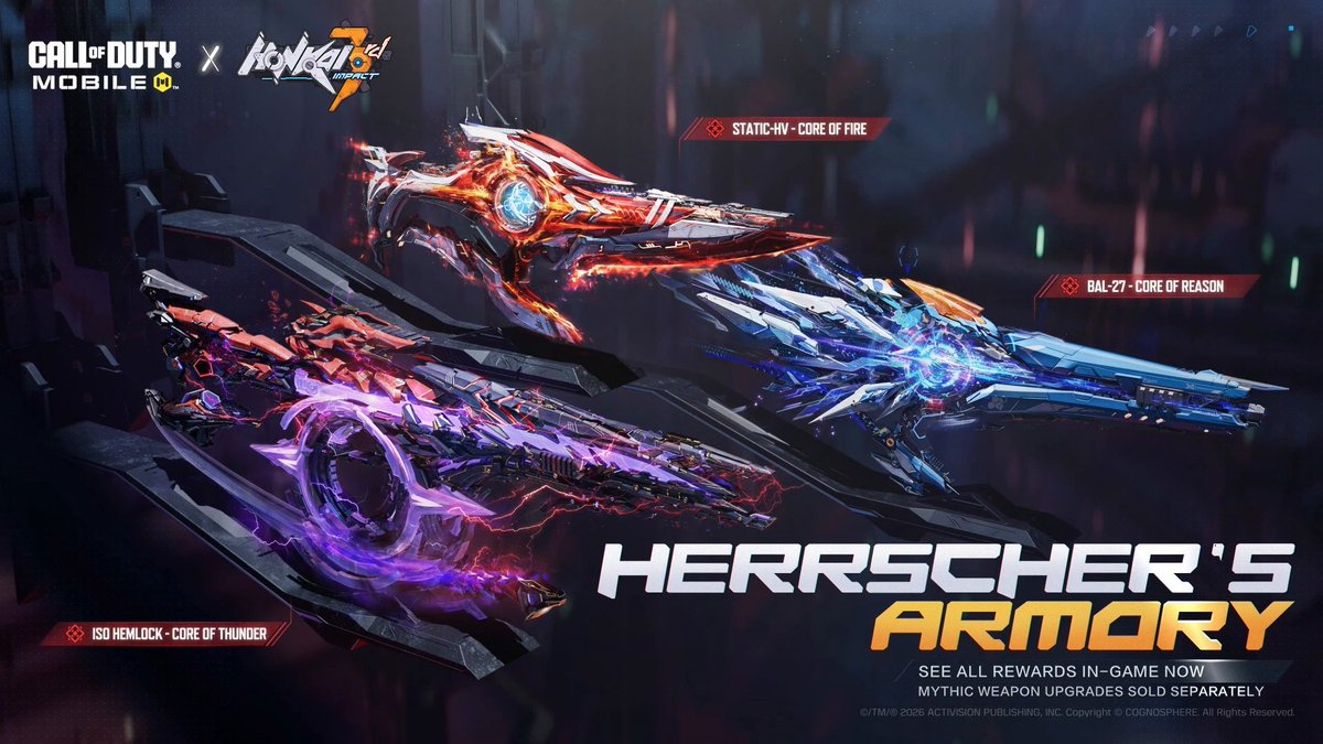 Harness the Core of Reason, Fire, or Thunder in Herrscher's Armory. The first Mythic Series Armory in CODM history! You can earn one of these Mythic Weapons for FREE in the Honkai Impact 3rd: Free Mythic Event!