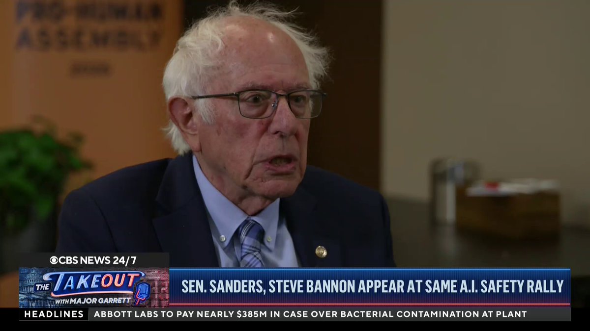 The potential danger artificial intelligence poses to humans is "probably greater" than the threat posed by nuclear weapons, Sen. Bernie Sanders of Vermont told CBS News' Caitlin Huey-Burns on Tuesday. Sanders said he plans to introduce legislation next week to permanently ban super intelligence, meaning AI smarter than humans and capable of escaping control. The bill would also pause advanced AI development. As a consequence for violations, Sanders is proposing 20 years in prison.