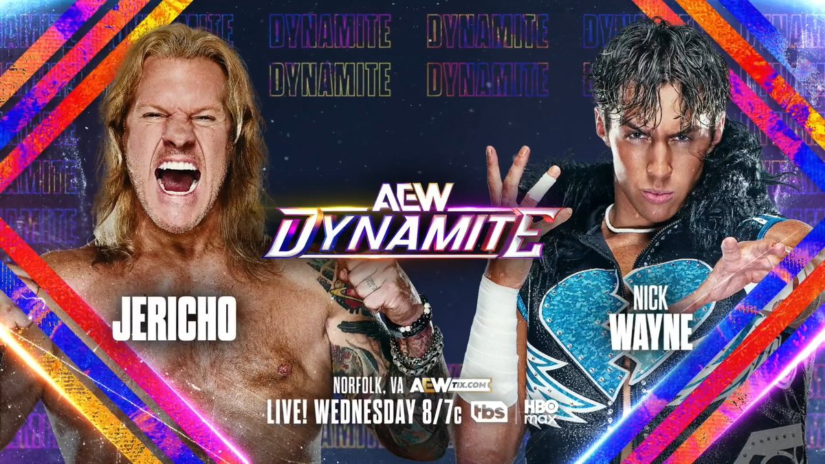 #AEWDynamite 8/7c TBS &amp; HBO Max - TOMORROW! Chris Jericho vs Nick Wayne Wayne dealt Jericho a low blow after taking umbrage with his comments about the Casino Gauntlet. After Nick’s recent high-flying win, Jericho got some revenge! Wayne vs Jericho, TOMORROW NIGHT!